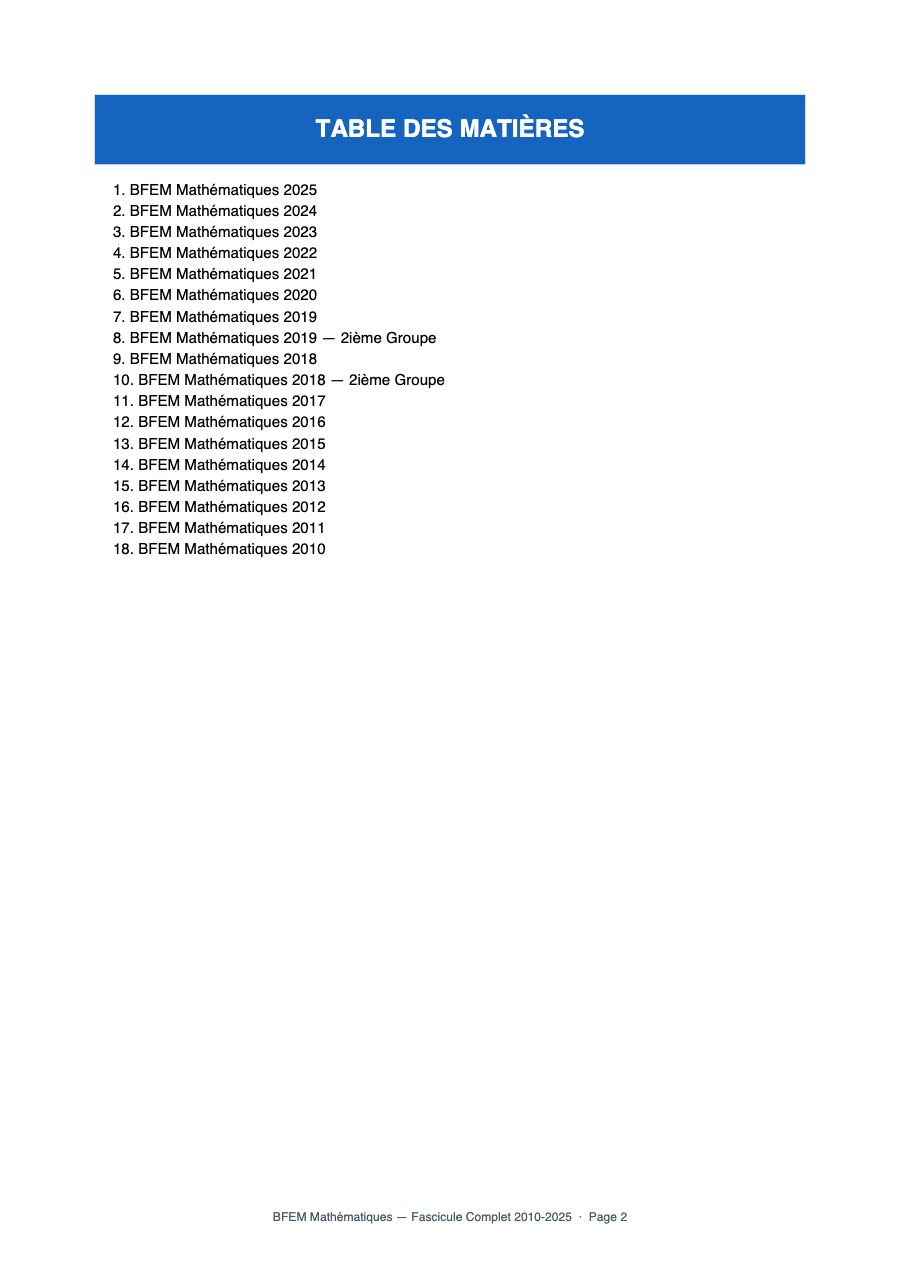 Fascicule BFEM Mathématiques - Toutes les Épreuves 2005-2022 — page 2