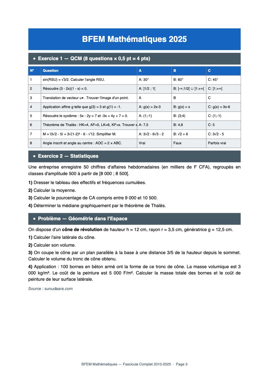 Fascicule BFEM Mathématiques - Toutes les Épreuves 2005-2022 — page 3