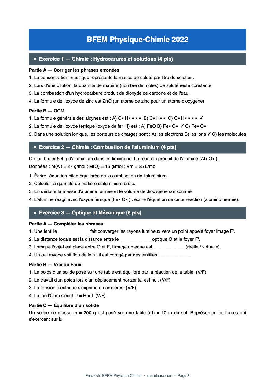 Fascicule BFEM Physique-Chimie - Toutes les Épreuves 2005-2022 — page 3