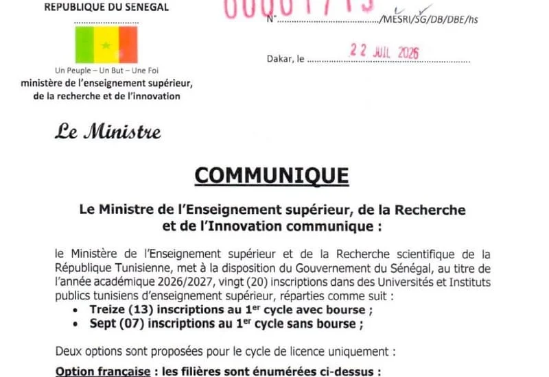 Bourse Tunisie 2026-2027 : 20 places pour bacheliers sénégalais - Bourses d'études