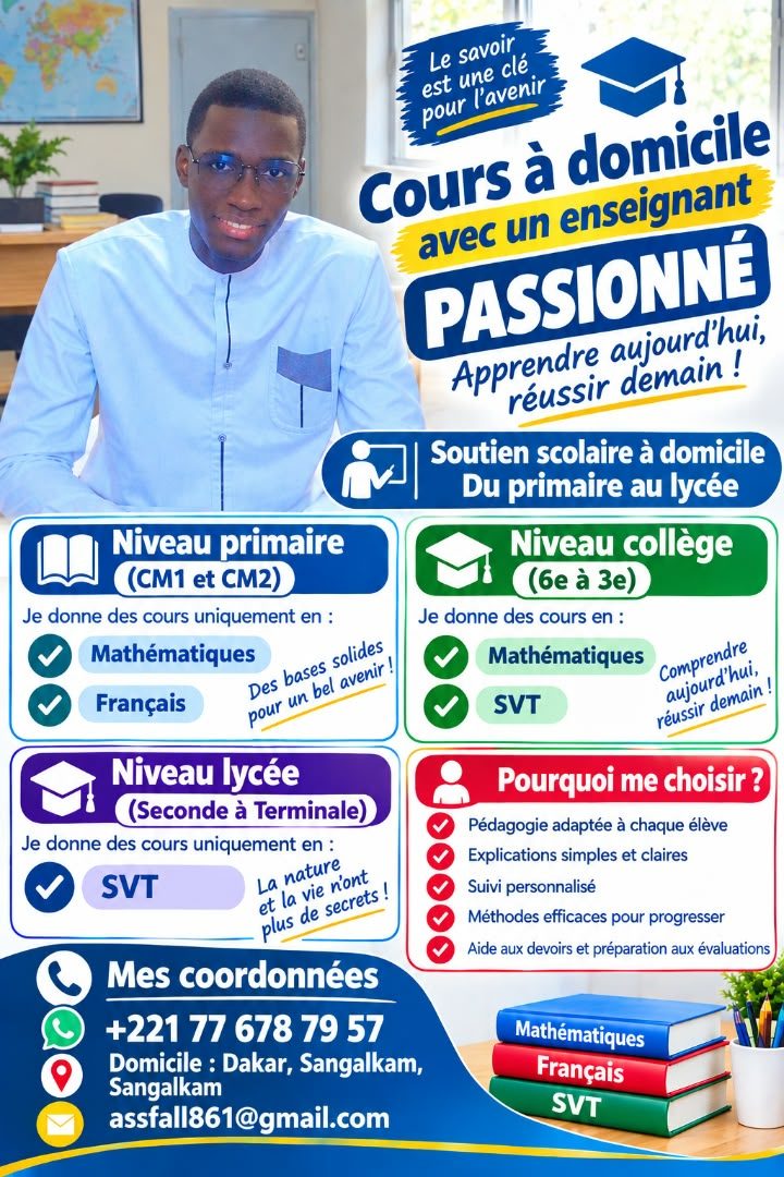 Cours à domicile Sangalkam — Soutien scolaire Dakar